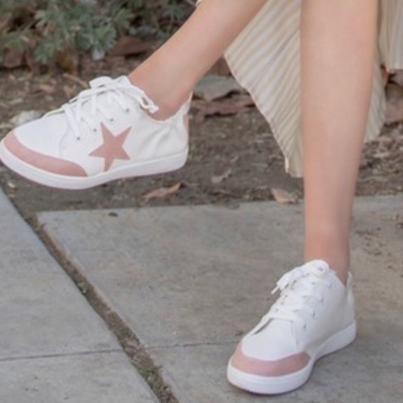 Blush Pink Star Print Lace up Sneakers - Picture 1 of 3